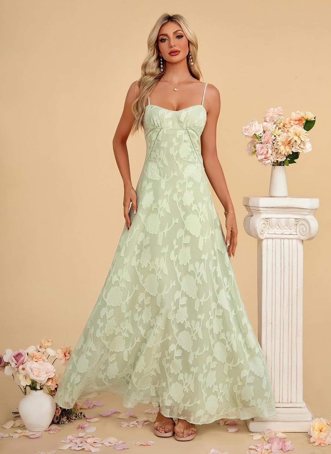 Women's Elegant Wedding Guest Dress Spaghetti Straps Floral Sleeveless Formal Dress Maxi Gown