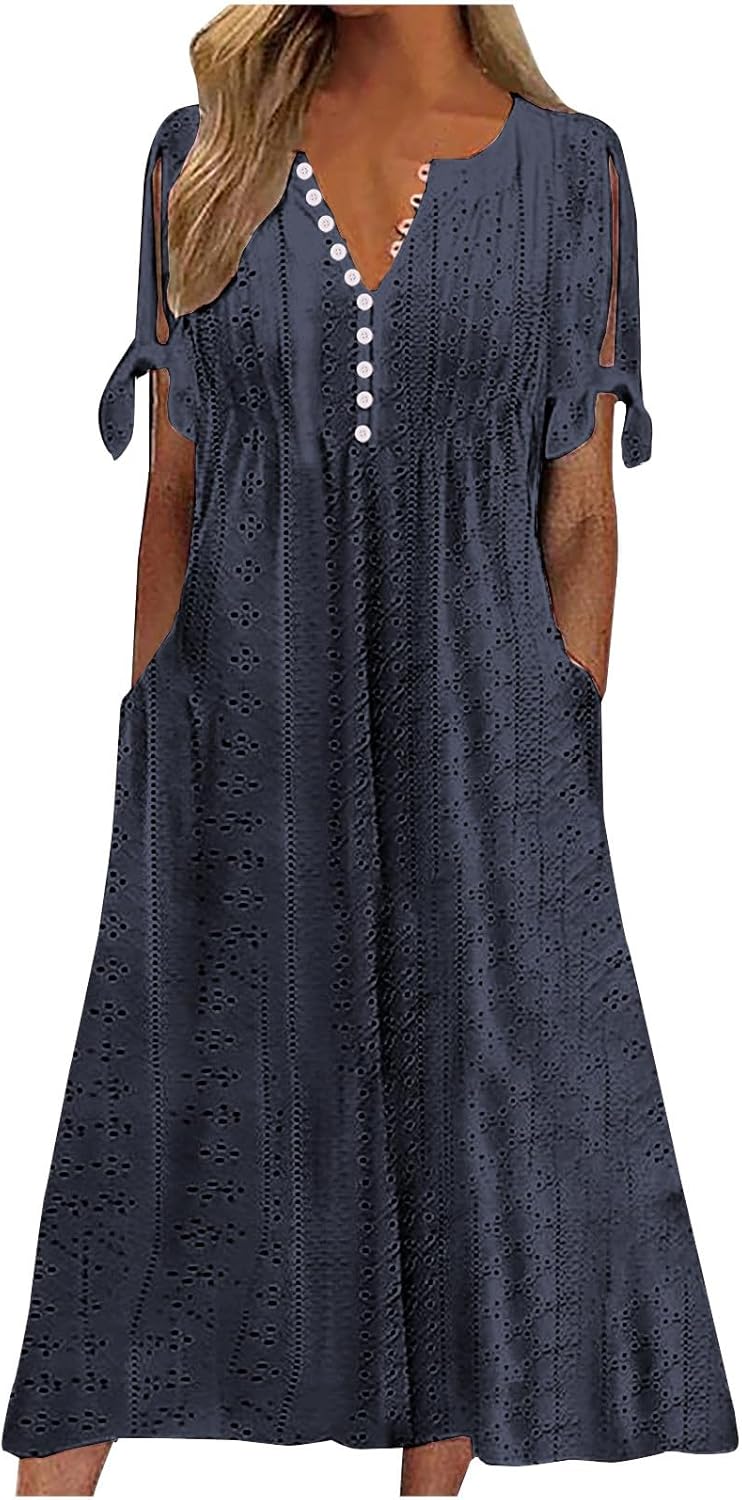Boho Dresses for Women 2024 Fashion Summer Short Sleeve Eyelet Notch V Neck Sundress Beach Casual Maxi Long Dress