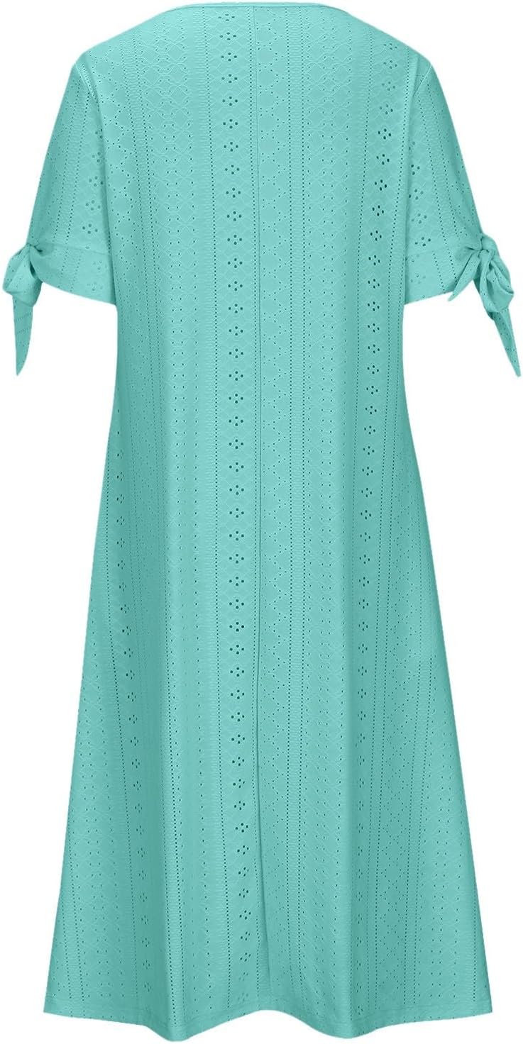 ZYXTIM Womens Eyelet Dress V Neck Short Sleeve Hollow Out Summer Beach Vacation Dresses Swing A Line Vintage Long Dresses