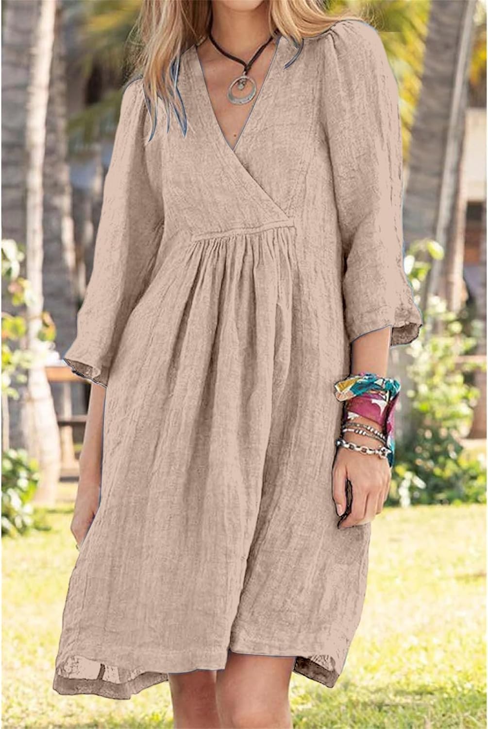 Womens Linen Dress Summer Casual A-line Dresses 3/4 Sleeve Knee Length Ruched Midi Dress V Neck Shift Dresses 2025