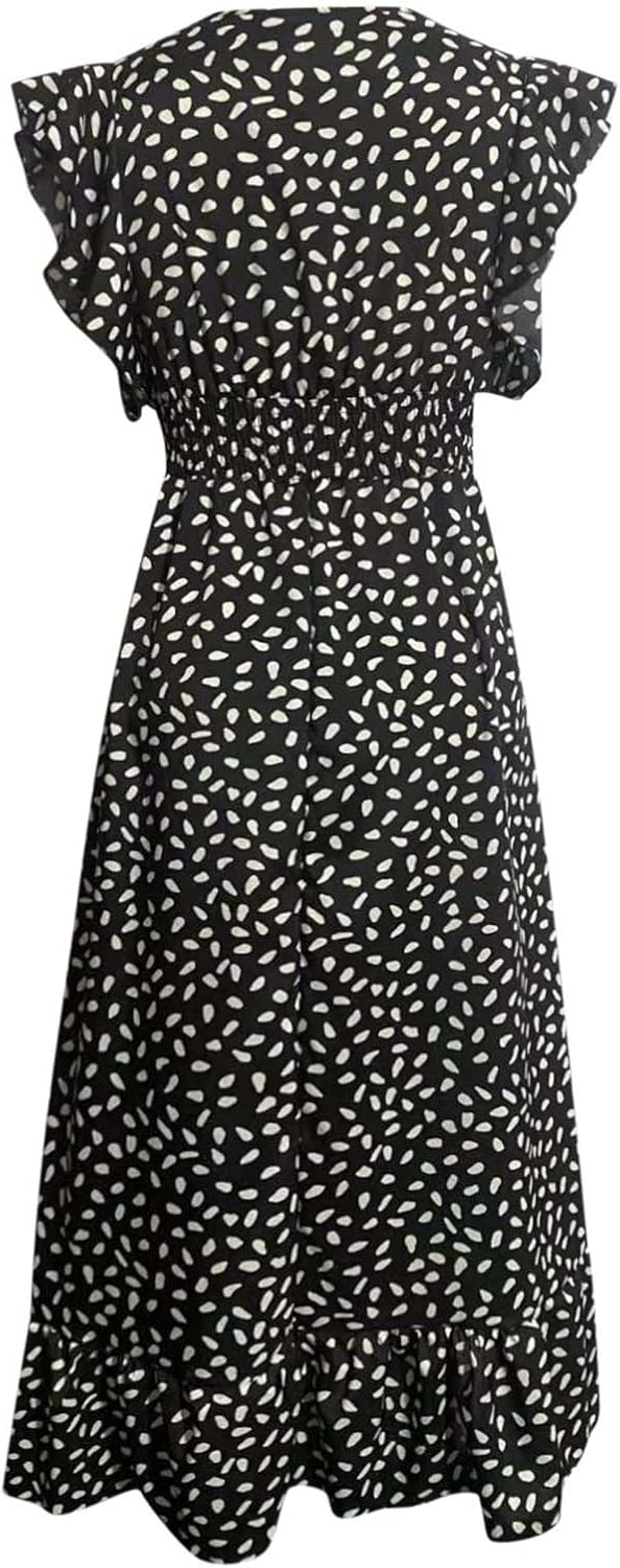 2024 Womens Summer Dresses Casual Boho Floral Ruffle Sleeve Midi Dresses Trendy Tie Waist V-Neck Sundress Beach Dress