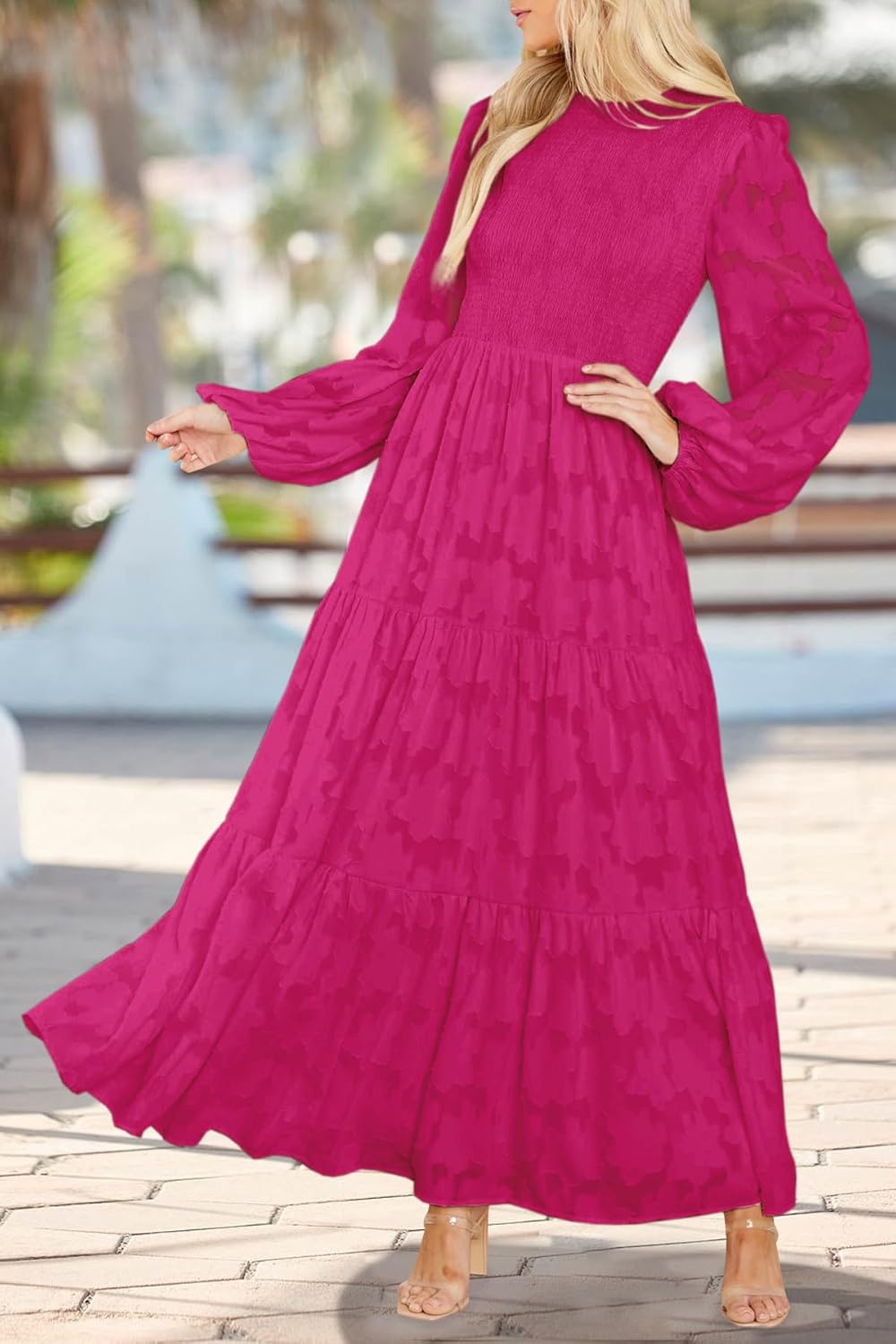 MITILLY Women's Elegant Floral Long Sleeve Round Neck Smocked A-Line Flowy Tiered Maxi Dress with Pockets