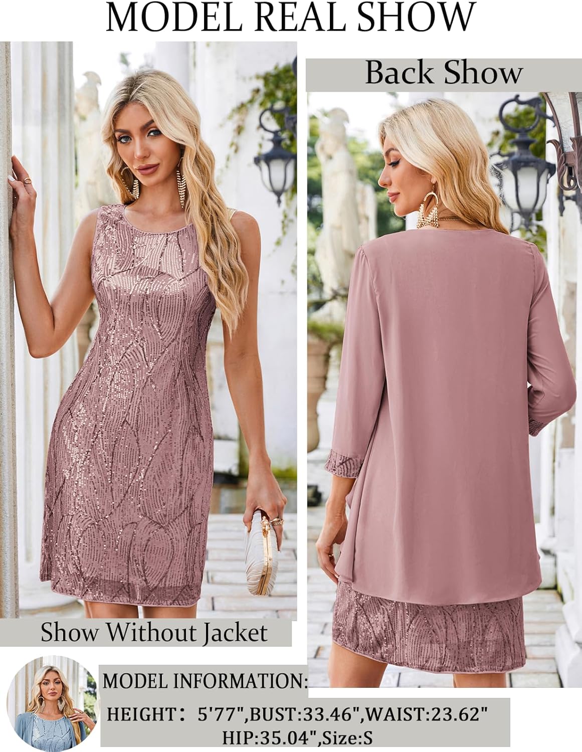 GRACE KARIN Sequin Dress for Women Knee Length Mother of the Bride Dresses Formal Dress Two Piece Dress with Chiffon Jacket