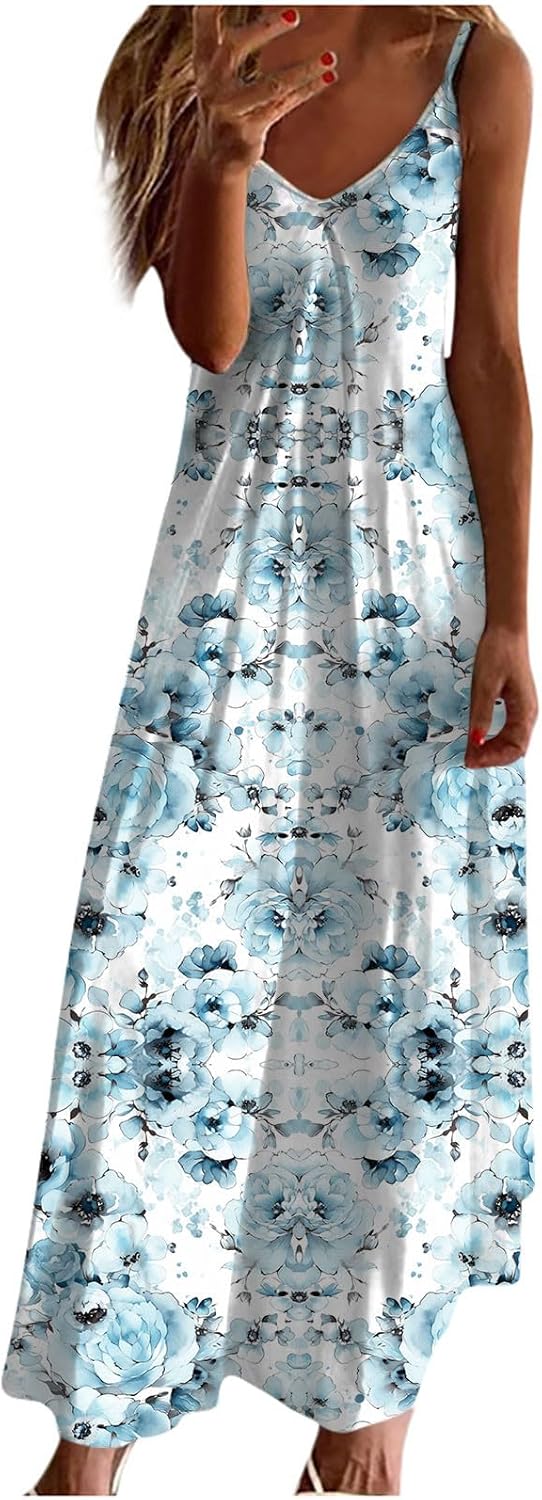 Womens Floral Maxi Dresses Spaghetti Strap Casual Summer Long Dress Vneck Flowy Boho Beach Sundress Vacation Outfits