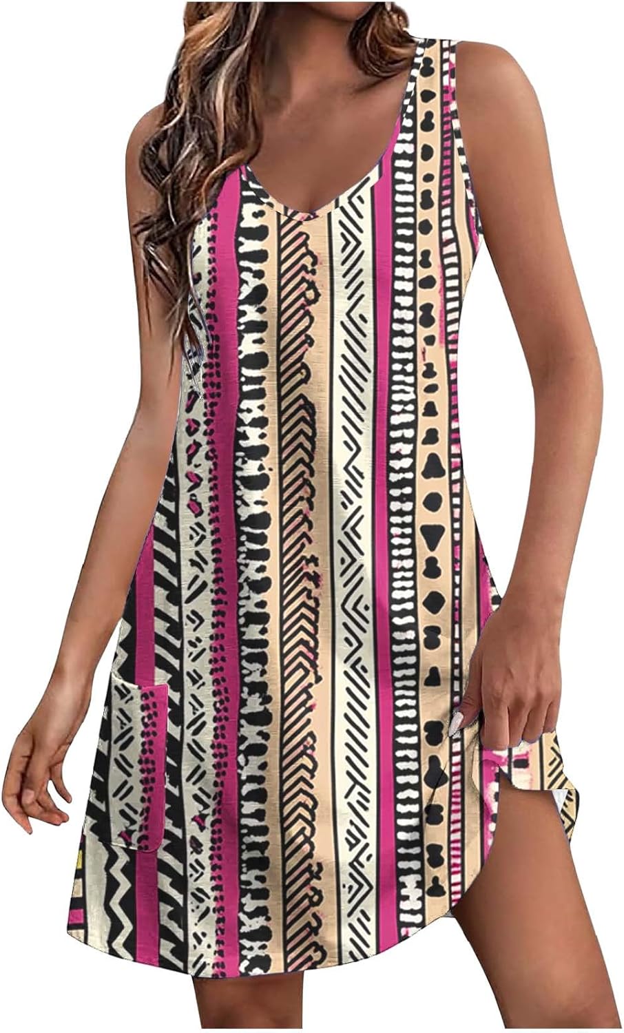 Womens 2025 Spring Summer Dresses Casual Floral Print V-Neck Tank Dress Curve Hem Pleated A-Line Sundresses