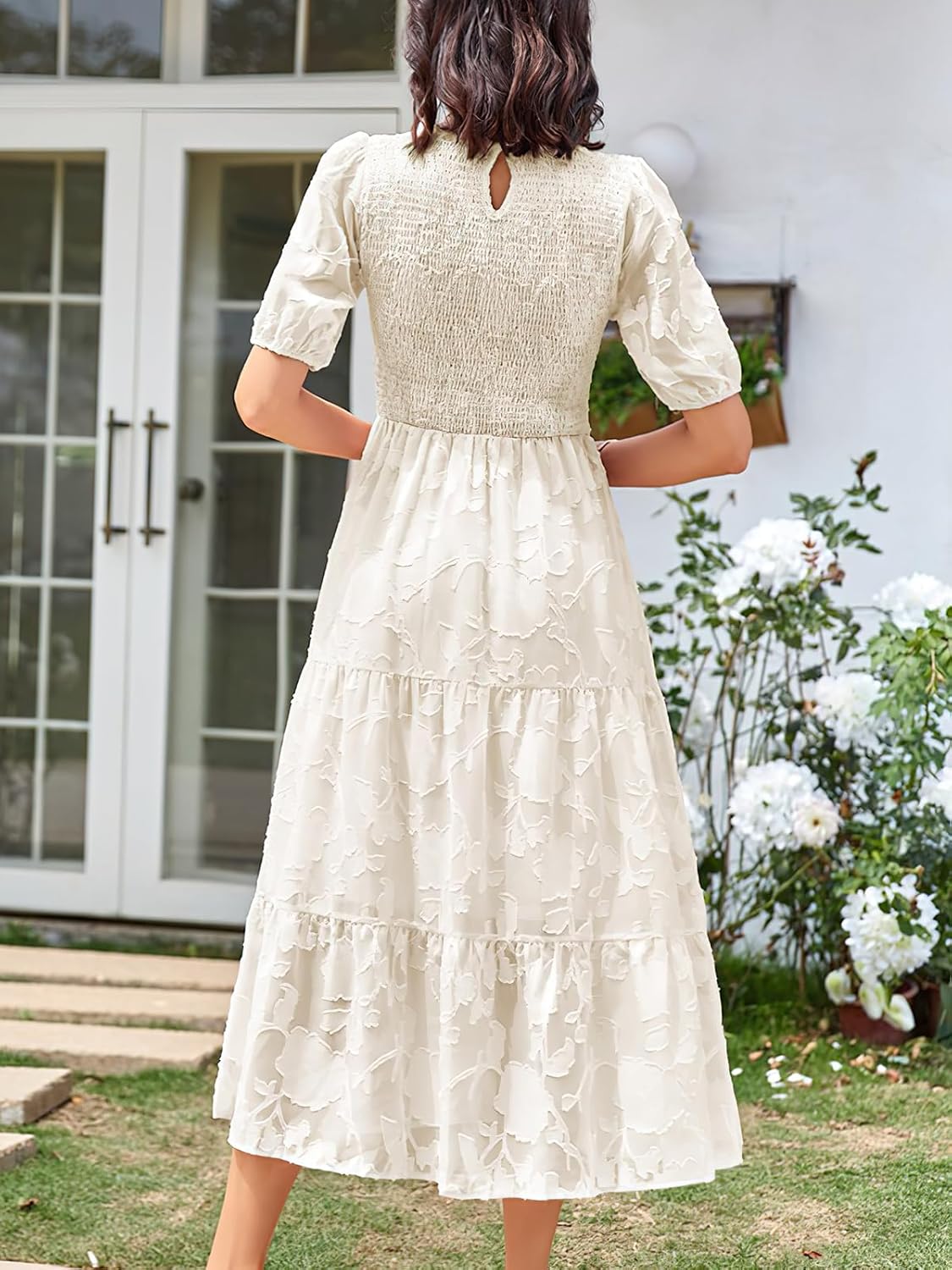 ebossy Women's Casual Smocked Lace Party Dress Puff Sleeve A-line Flowy Tiered Jacquard Midi Dress