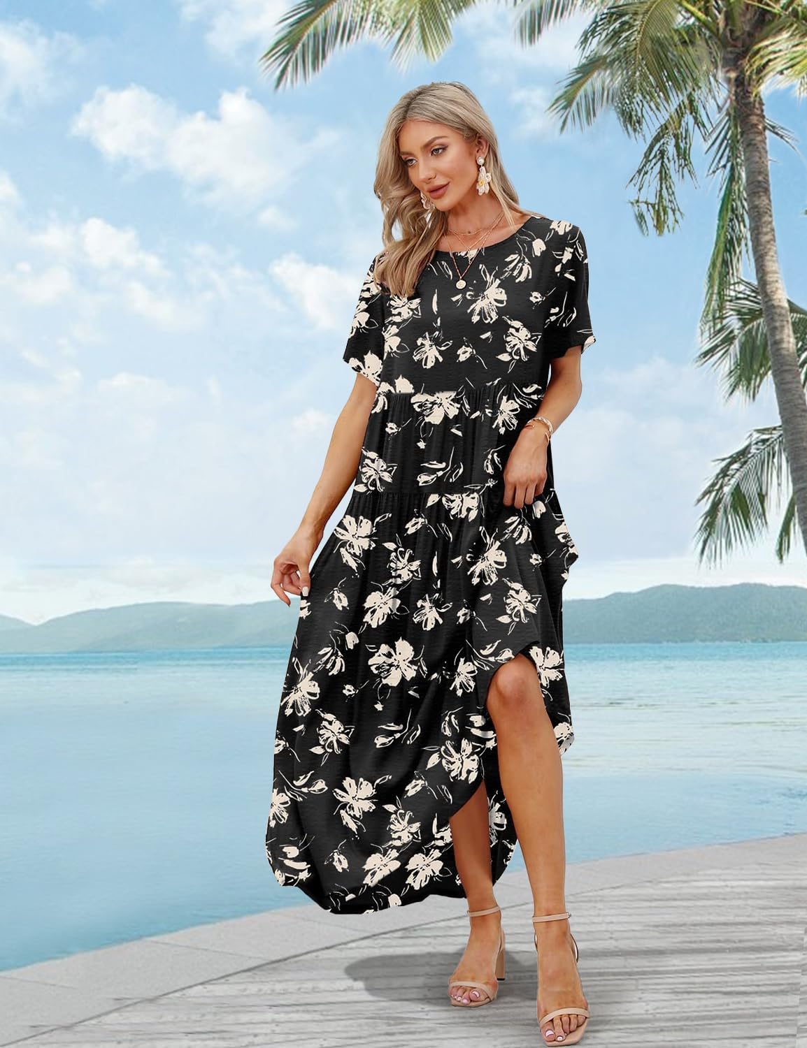YESNO Women Casual Loose Bohemian Floral Dress with Pockets Short Sleeve Long Maxi Summer Beach Swing Dress EJF