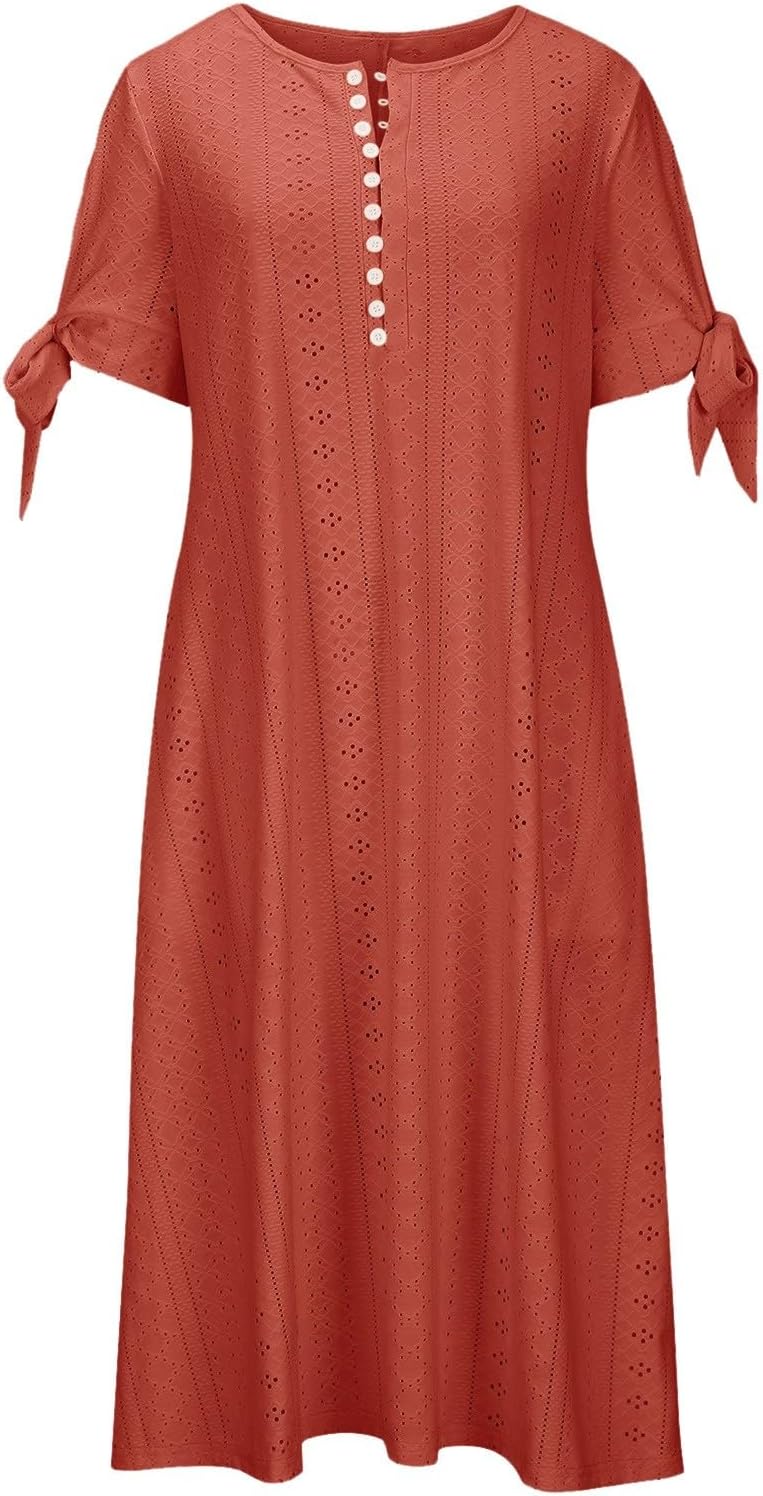 ZYXTIM Womens Eyelet Dress V Neck Short Sleeve Hollow Out Summer Beach Vacation Dresses Swing A Line Vintage Long Dresses