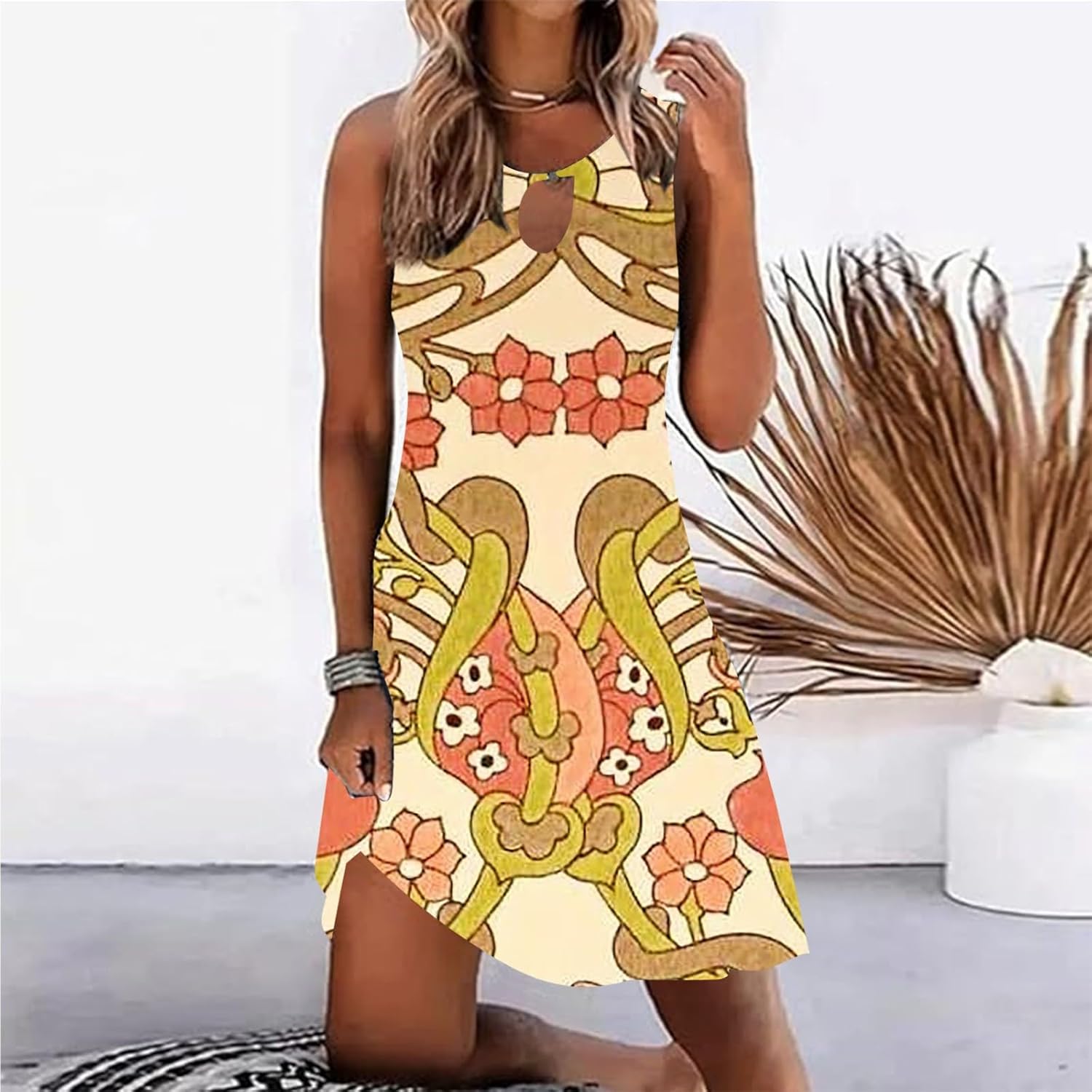 Summer Dresses for Women 2025 Vacation Beach Casual Vintage Midi Sundresses Sexy Sleeveless V Neck Boho Tank Dress
