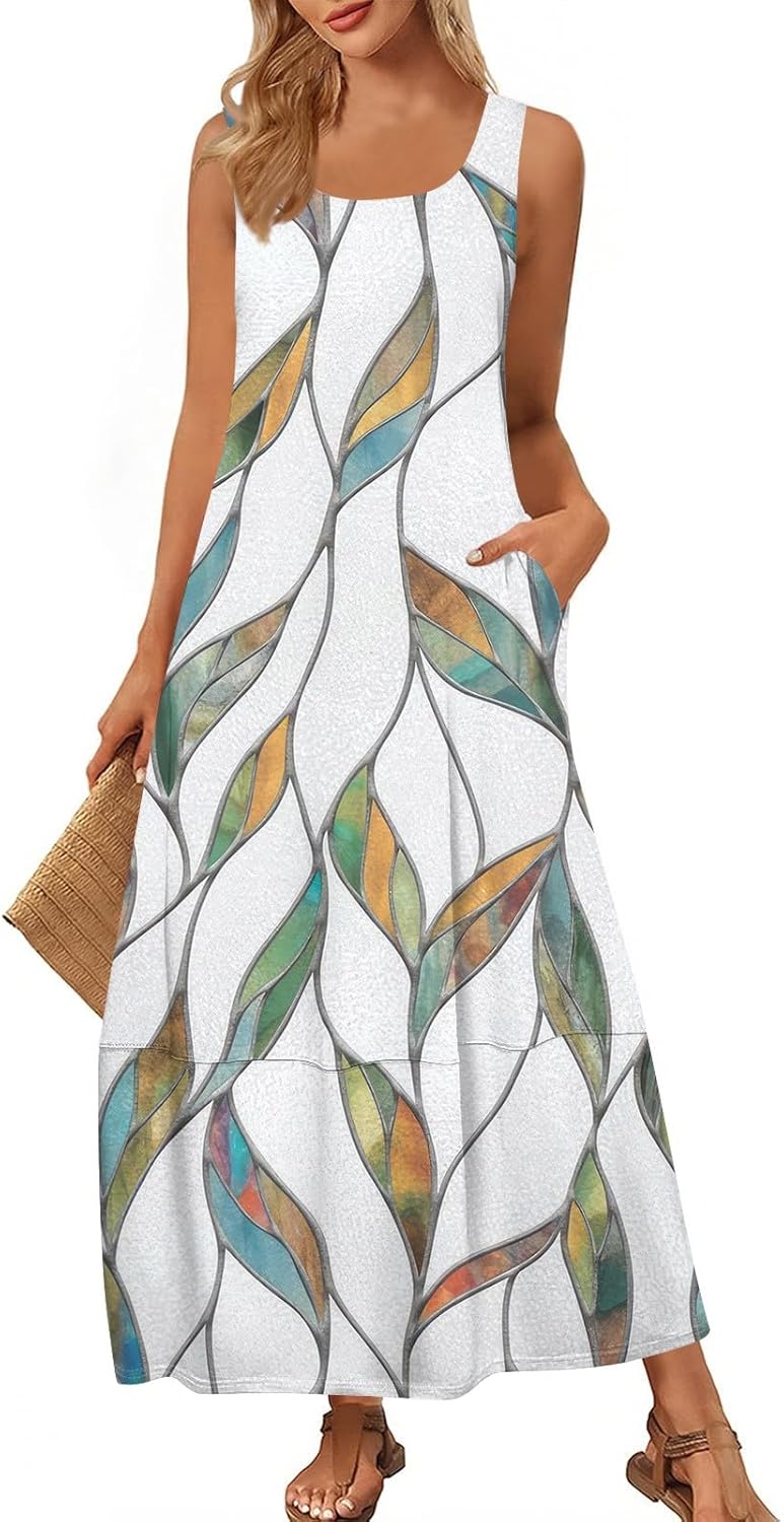 Womens Summer Tank Dress Vacation Boho Floral Long Dresses with Pockets Resort Wear Swing Beach Sleeveless Sundress