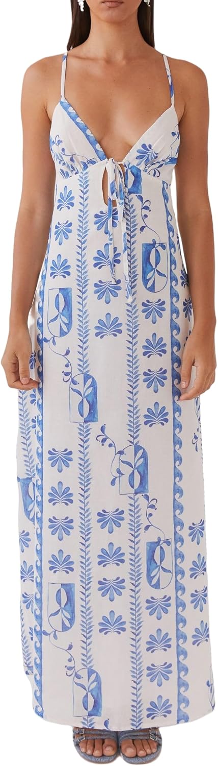 Luckinbaby Women Y2k Spaghetti Strap Maxi Dress V Neck Tie Front Cutout Long Cami Dress Backless Party Wedding Dress