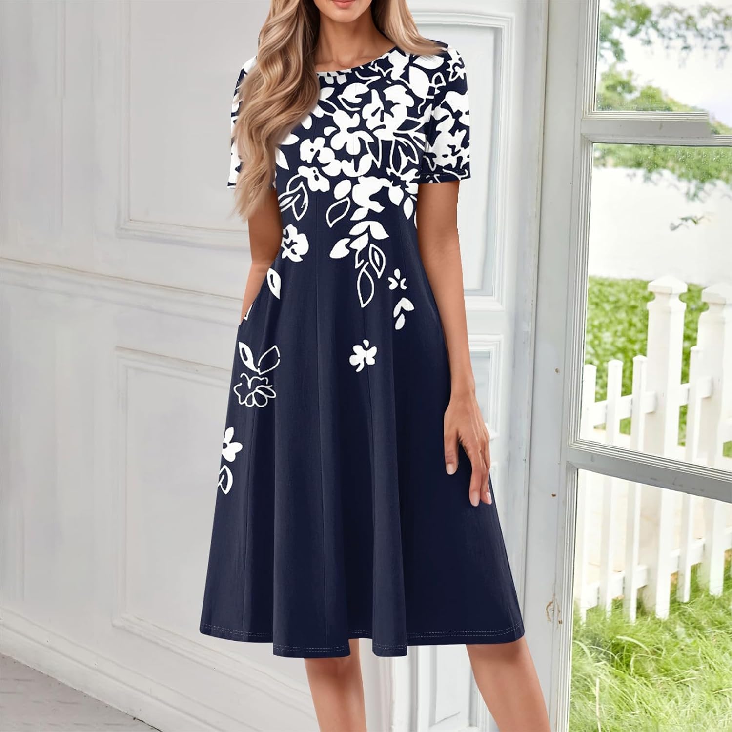 Summer Dresses for Women 2025 Crew Neck Short Sleeve Boho Beach Vacation Floral/Solid Midi Sundresses with Pockets