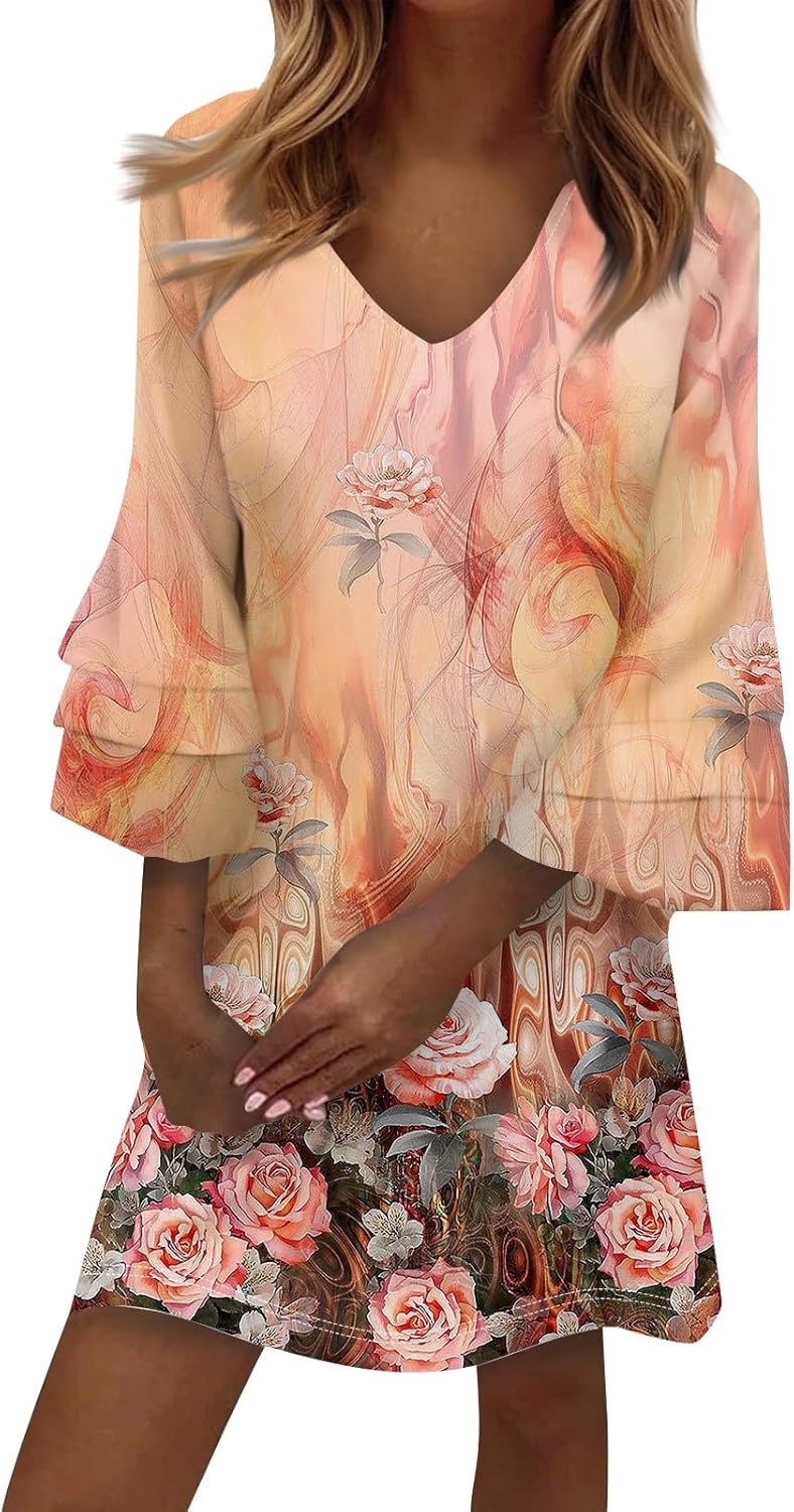 Beach Dresses for Women,2025 Summer Trendy Floral Print Boho Dress,Casual Loose V Neck Bell 3/4 Sleeve Mini Dress
