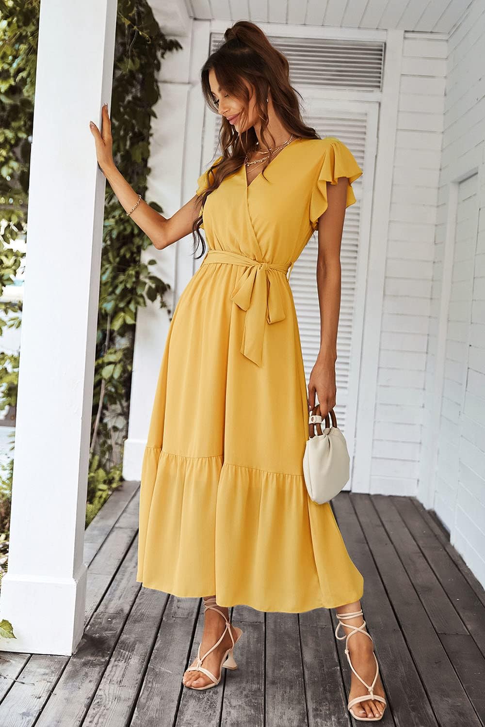 PRETTYGARDEN Women's Summer Floral Boho Dress Wrap V Neck Short Sleeve Ruffle A-Line Flowy Maxi Wedding Guest Dresses