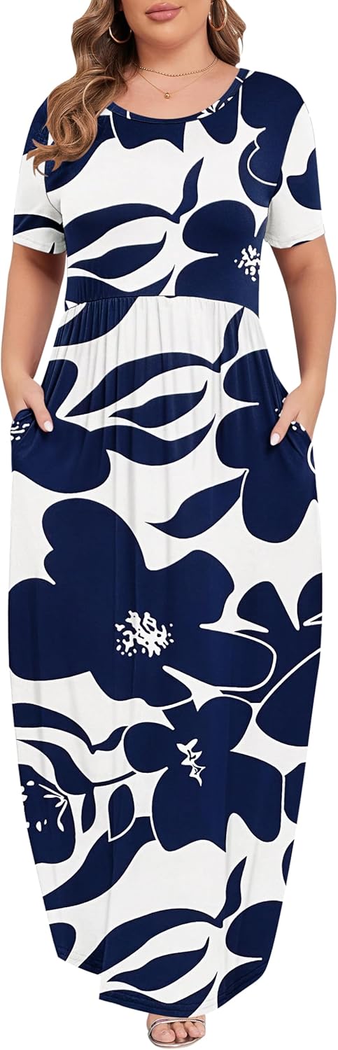 KARALIN Women’s Plus Size Maxi Dresses for Curvy Women Summer Casual Short Sleeve 2025 Long Dress 14W-26W