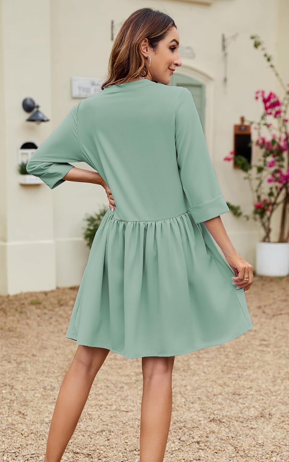 CCTOO Women's Summer Dresses Casual V Neck Button Down 3/4 Sleeve Floral Print Loose Flowy Shirt Dress