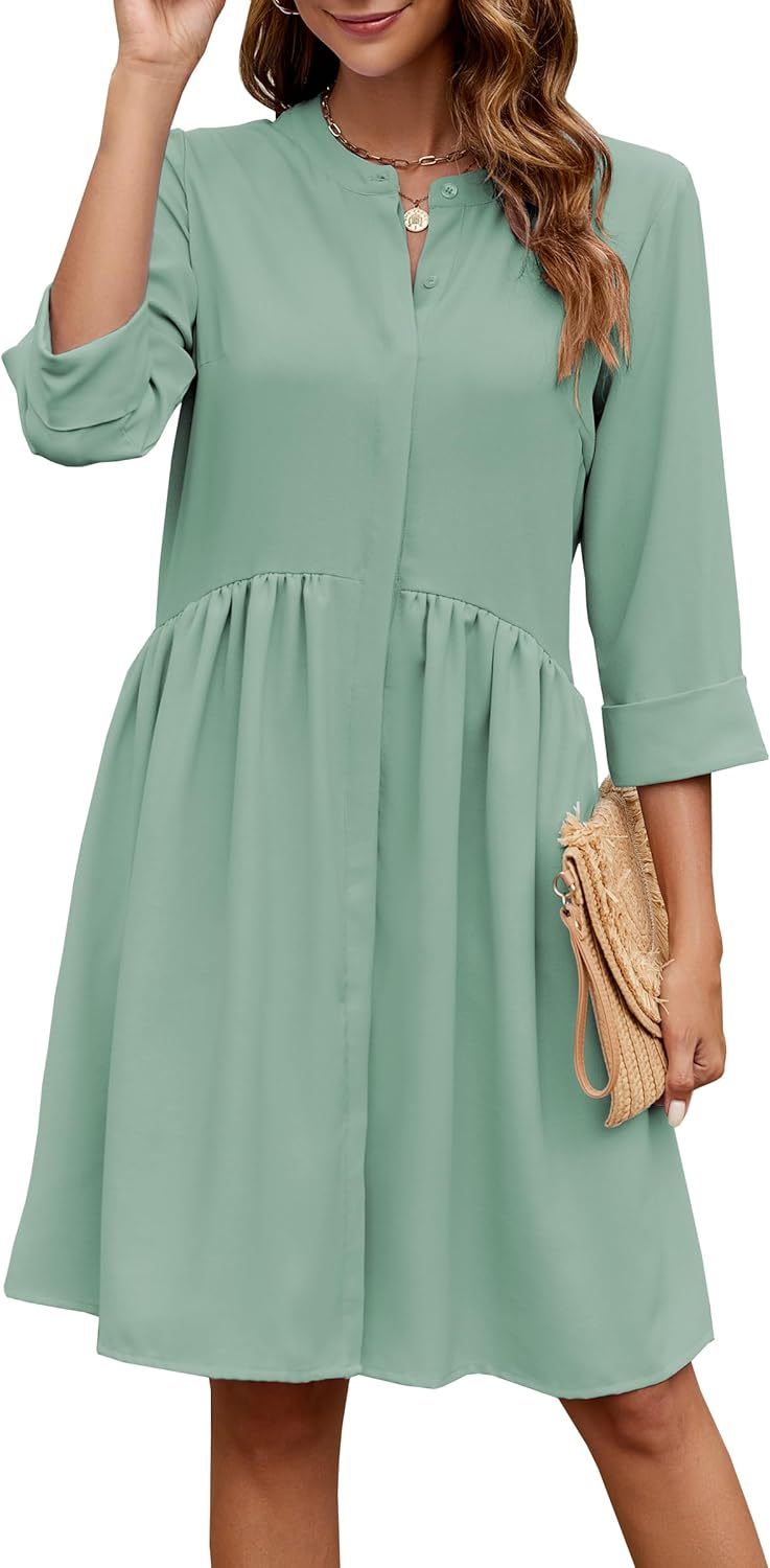 CCTOO Women's Summer Dresses Casual V Neck Button Down 3/4 Sleeve Floral Print Loose Flowy Shirt Dress
