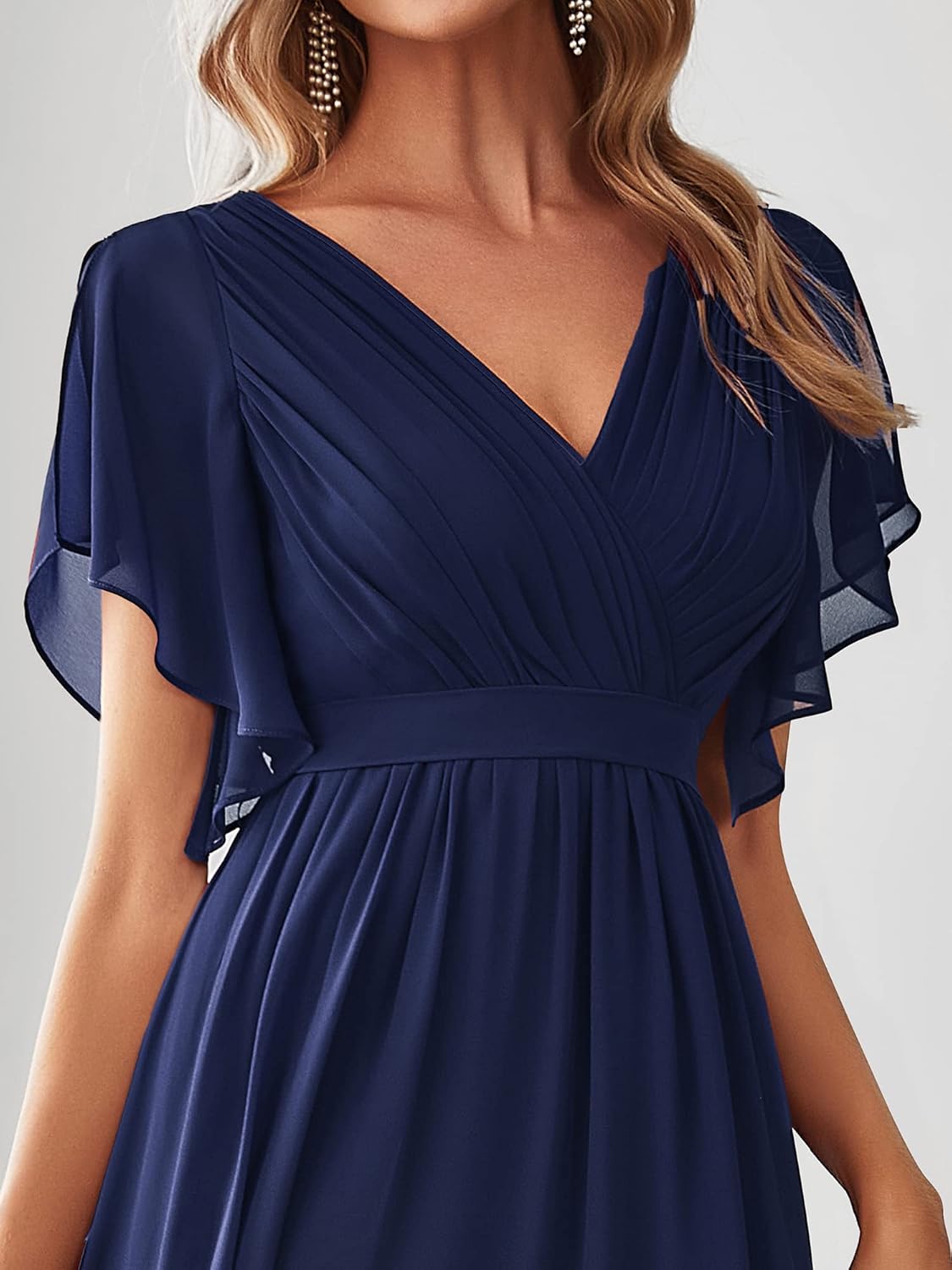 Ever-Pretty Women's Bridesmaid Dress V-Neck Ruffle Sleeves Ruched Bust Floor Length Chiffon Formal Dresses 0164A