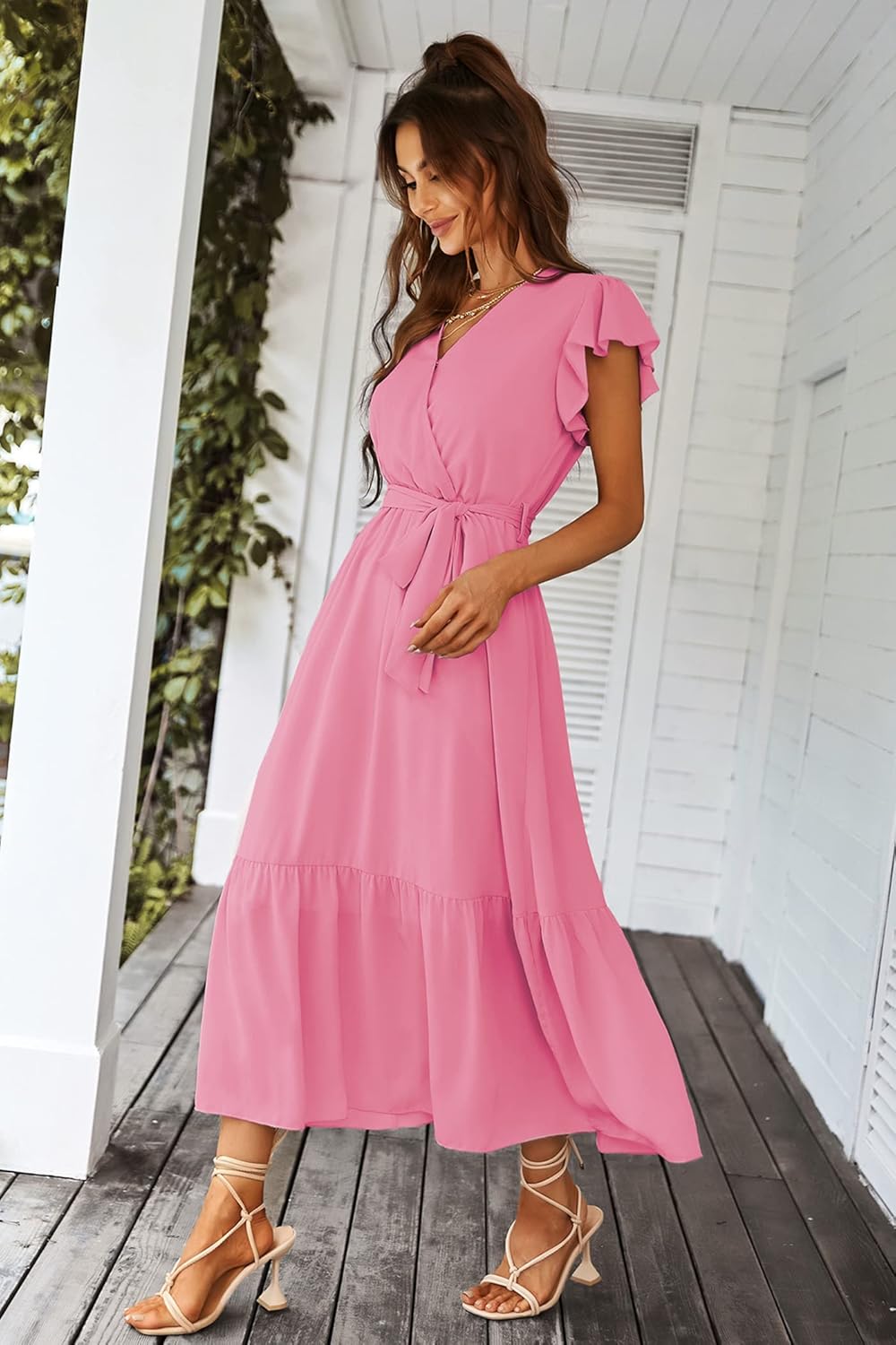 PRETTYGARDEN Women's Summer Floral Boho Dress Wrap V Neck Short Sleeve Ruffle A-Line Flowy Maxi Wedding Guest Dresses