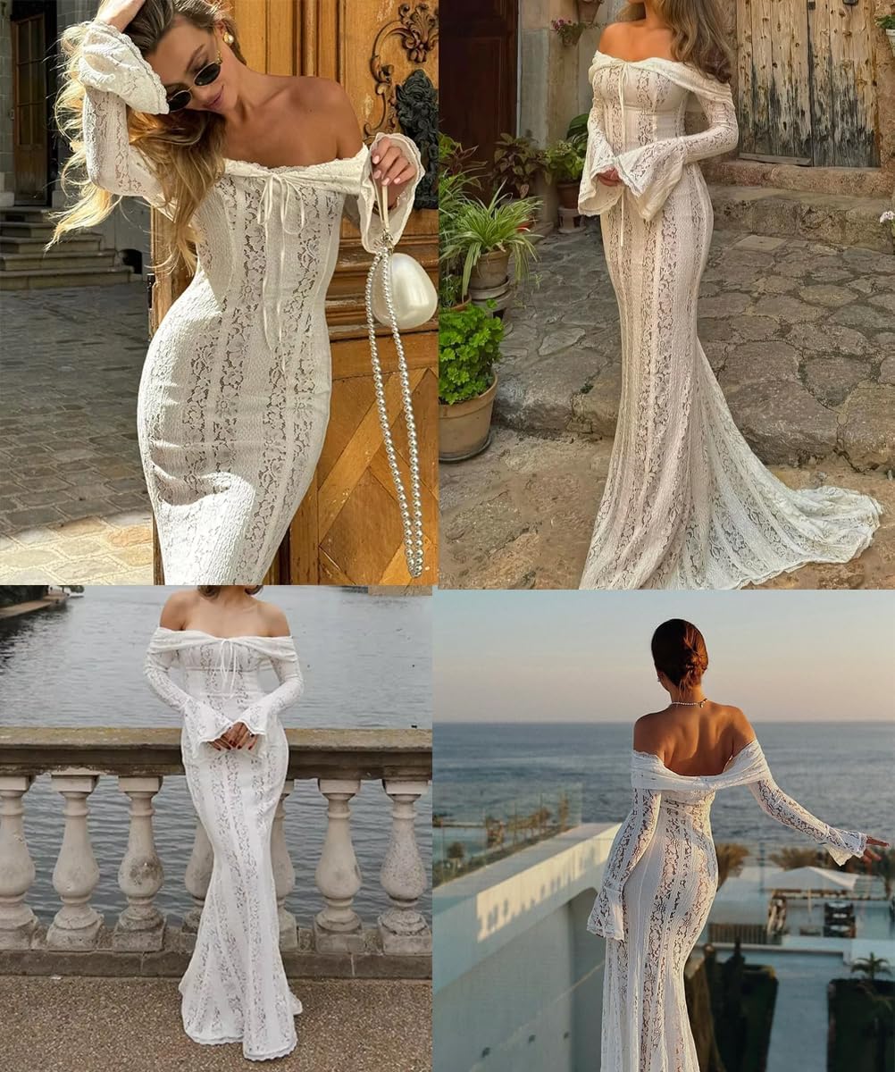 Autumn Elegant Off Shoulder Lace Maxi Dress White Women Long Sleeve Evening Party Dresses for Date Nights