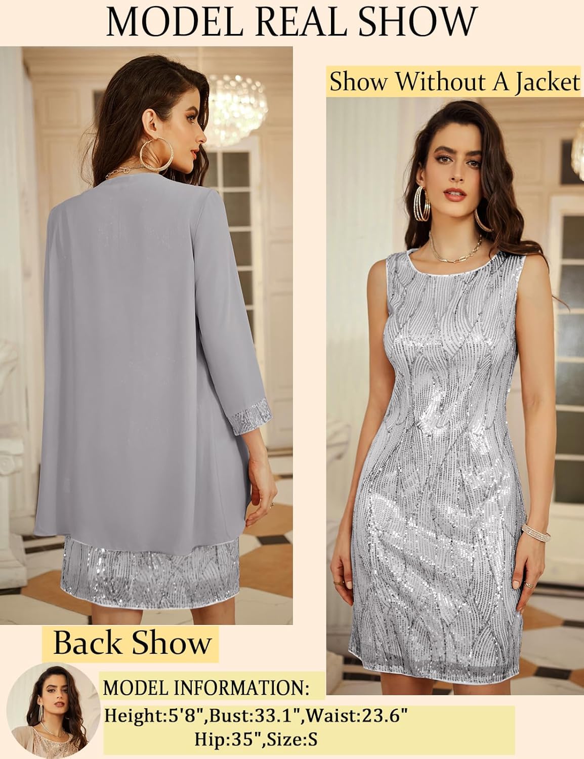 GRACE KARIN Sequin Dress for Women Knee Length Mother of the Bride Dresses Formal Dress Two Piece Dress with Chiffon Jacket