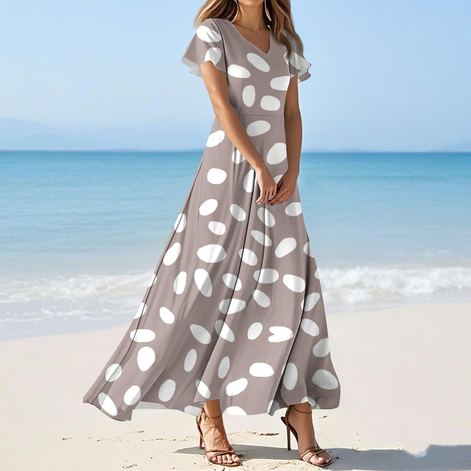 Womens Fashion V Neck Ruffle Short Sleeve Maxi Dress 2025 Summer Elegant Solid Color Flowy A Line Dresses