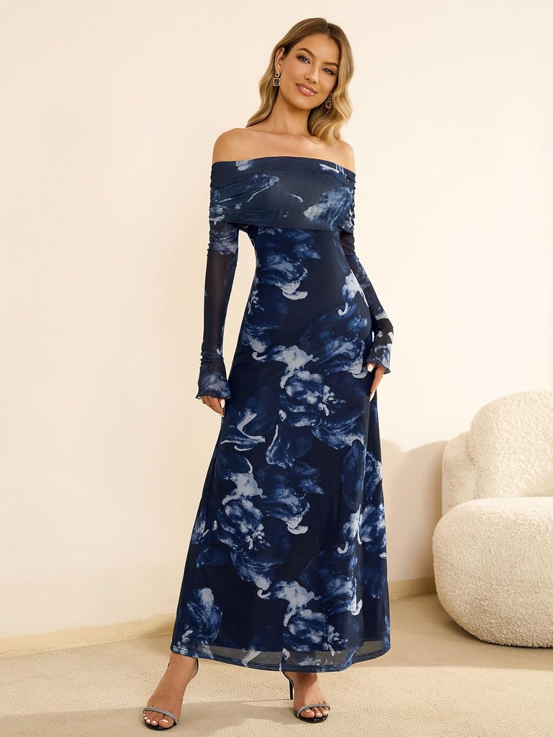 KUTUMAI Women Off Shoulder Bodycon Maxi Dress Long Sleeve Mesh Ruched Party Formal Wedding Guest Dresses