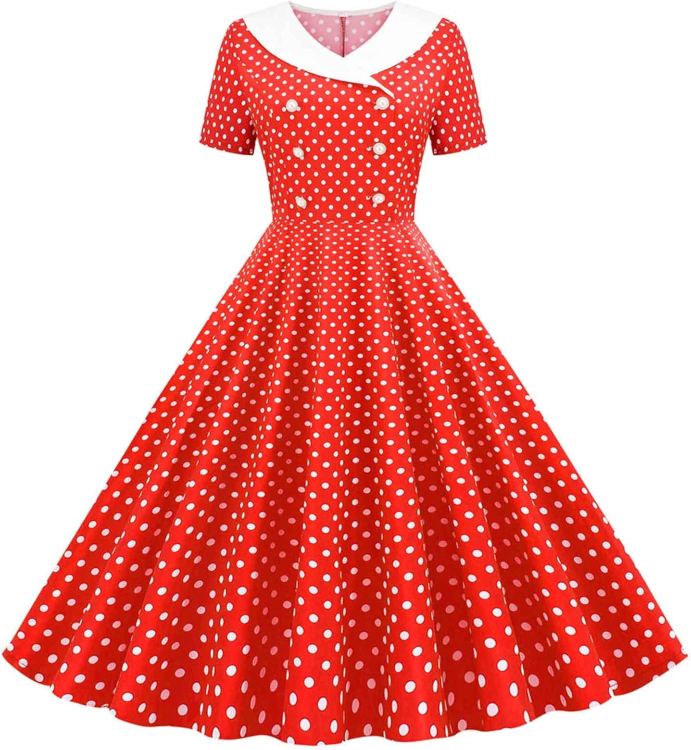 Women Double Breasted Notch Lapel 50s Vintage Short Sleeve Cocktail Swing Dress Polka Dot 1950s Rockabilly Prom Dress
