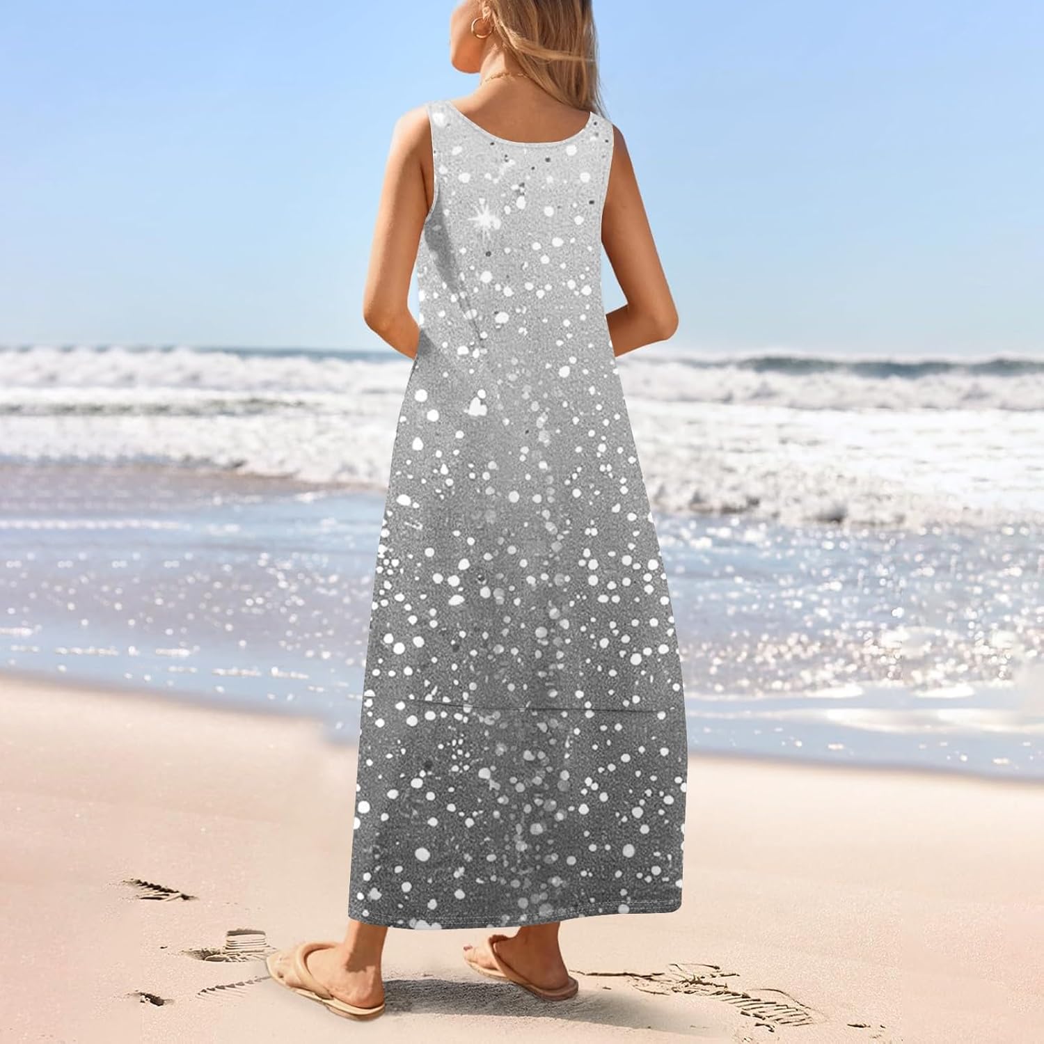 Womens Summer Tank Dress Vacation Boho Floral Long Dresses with Pockets Resort Wear Swing Beach Sleeveless Sundress