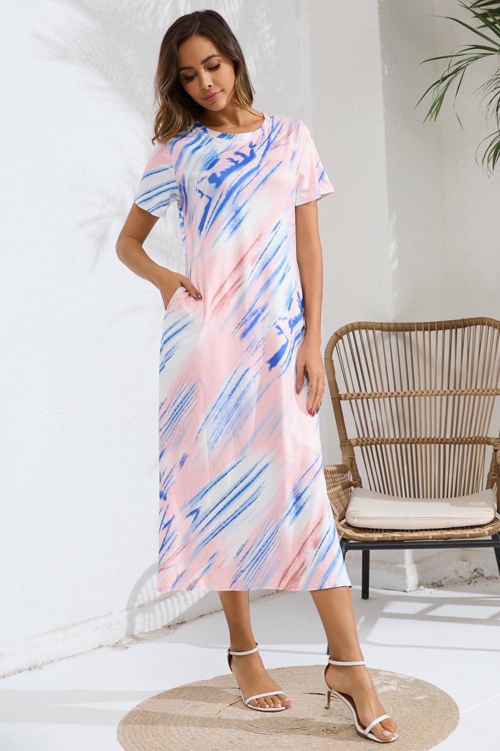 Naggoo Women's Short Sleeve Split Maxi Dress Casual Plain Tie Dye Print Tshirt Long Dresses with Pockets
