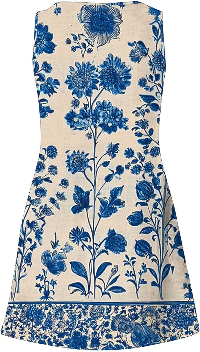Womens 2025 Spring Summer Dresses Casual Floral Print V-Neck Tank Dress Curve Hem Pleated A-Line Sundresses