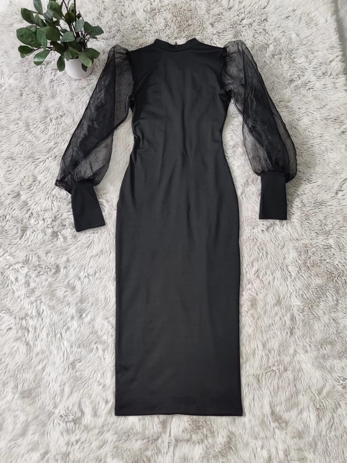 Ekaliy Women's See Through Bodycon Dress Sheer Mesh Long Puff Lantern Sleeve Dress Sexy Club Party Midi Dress Clubwear