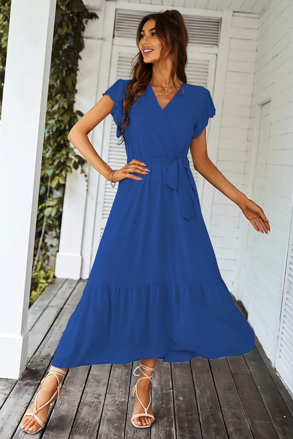 PRETTYGARDEN Women's Summer Floral Boho Dress Wrap V Neck Short Sleeve Ruffle A-Line Flowy Maxi Wedding Guest Dresses