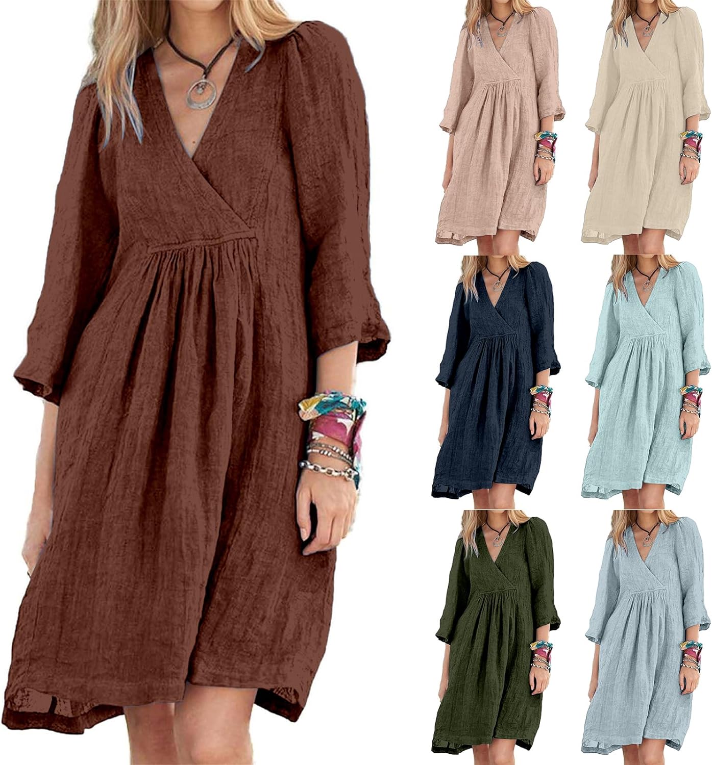 Cotton Linen for Women 2025 Summer V-Neck 3/4 Sleeve Ruffled A-Line Midi Dress Casual Modest Knee-Length Dress