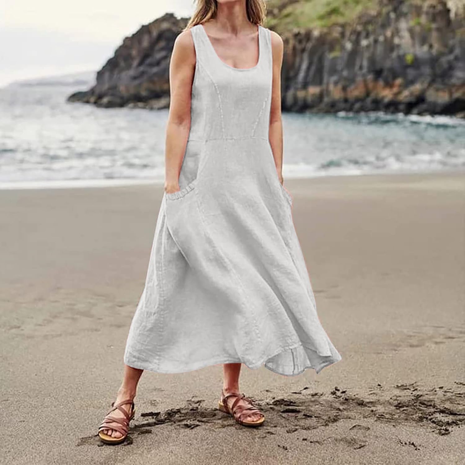 Women's Casual Sleeveless Dresses, Cotton Linen Pocket Dresses Summer Dresses for Women 2024 Sundresses Beach Dress