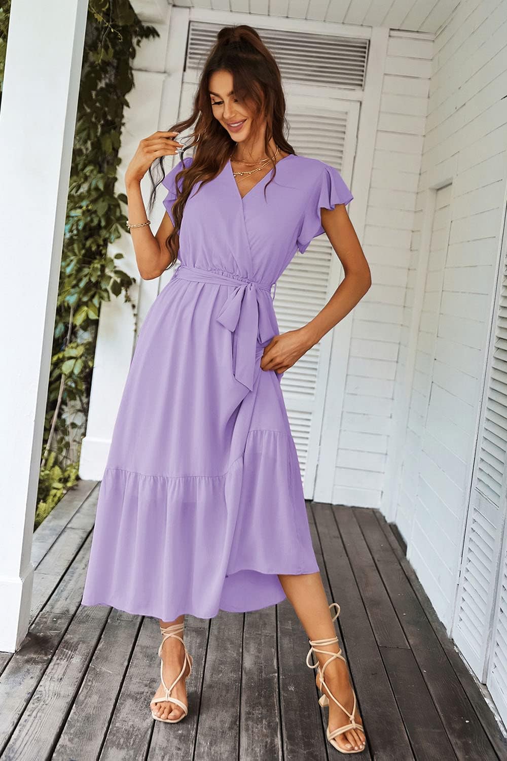 PRETTYGARDEN Women's Summer Floral Boho Dress Wrap V Neck Short Sleeve Ruffle A-Line Flowy Maxi Wedding Guest Dresses