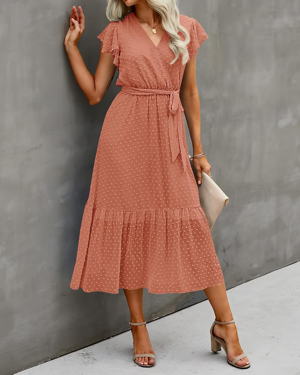 BTFBM Women Summer Bohemian Floral Casual Wrap V Neck Ruffle Cap Sleeveless Belt A-Line Pleated Hem Midi Sun Dress White