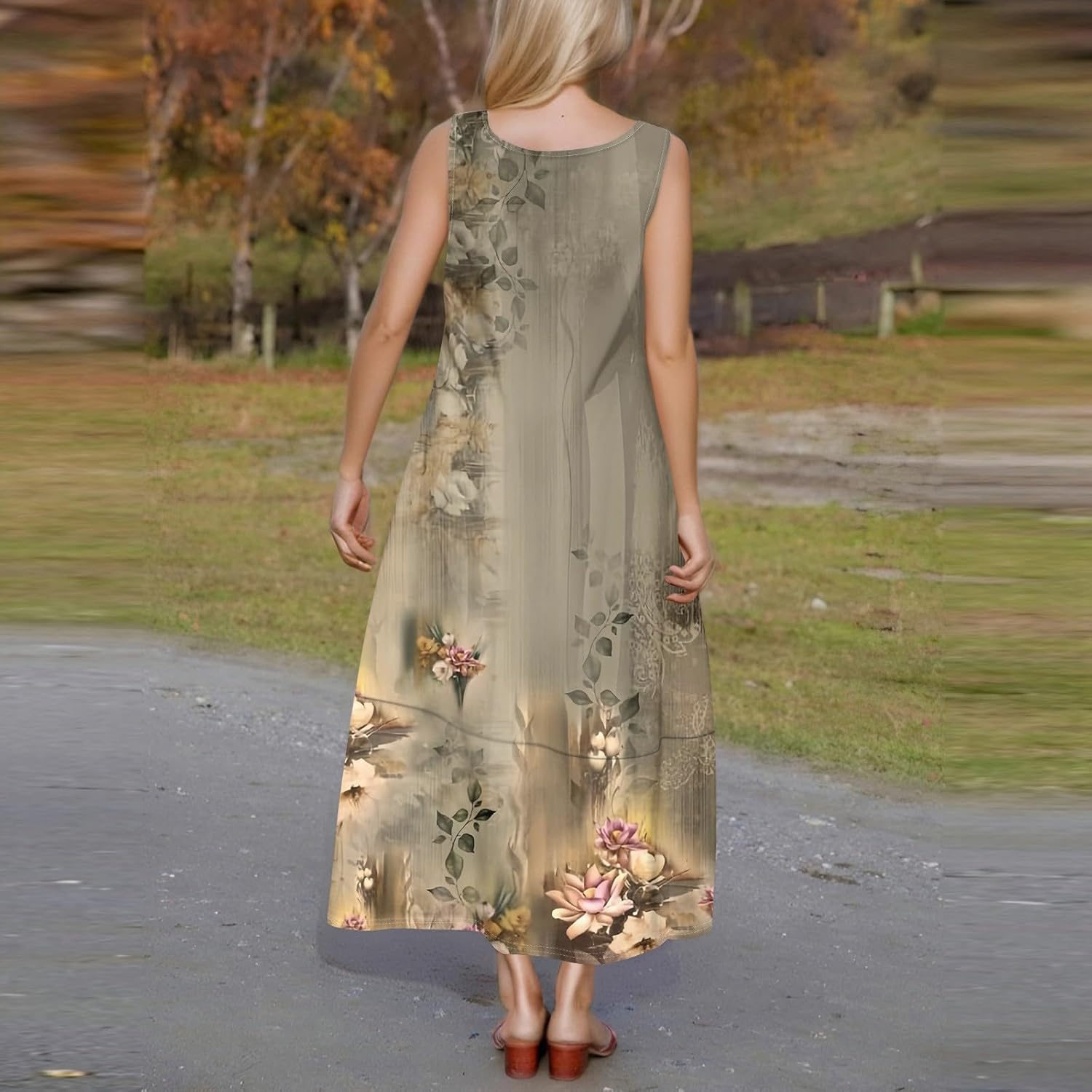 Womens Summer Tank Dress Vacation Boho Floral Long Dresses with Pockets Resort Wear Swing Beach Sleeveless Sundress