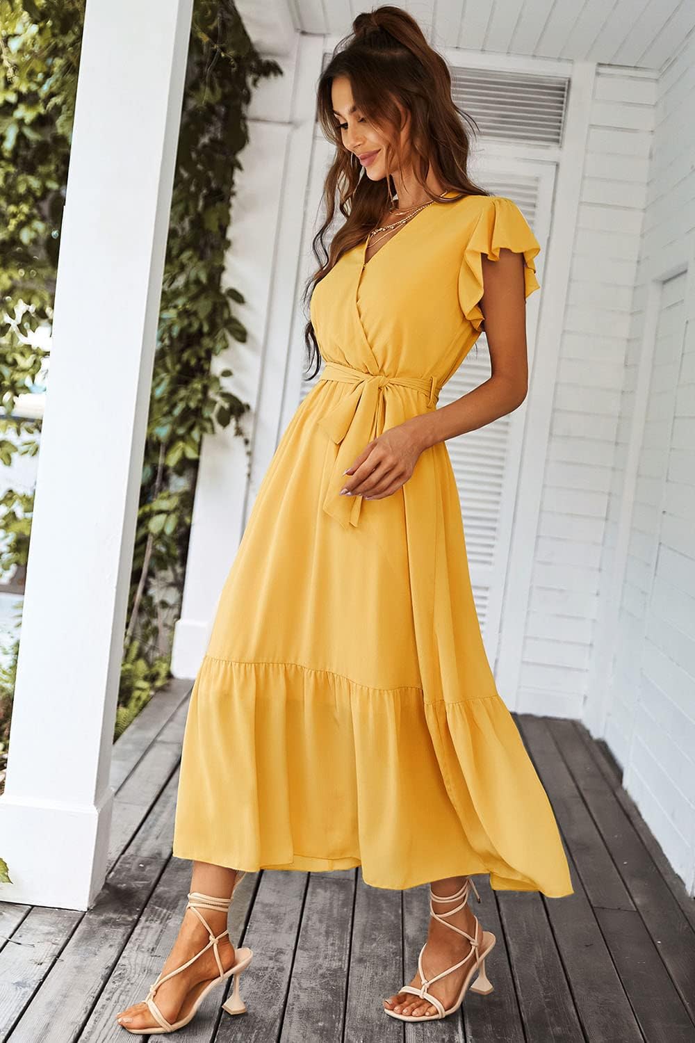 PRETTYGARDEN Women's Summer Floral Boho Dress Wrap V Neck Short Sleeve Ruffle A-Line Flowy Maxi Wedding Guest Dresses