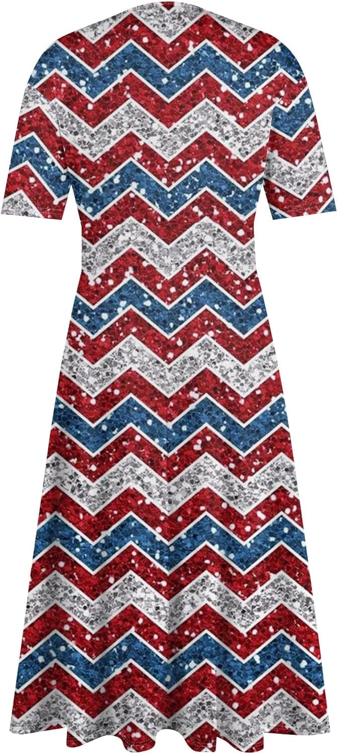 Women's Patriotic Star Print Midi Short Sleeve V-Neck Casual A-Line Dress for Summer Parties & Events