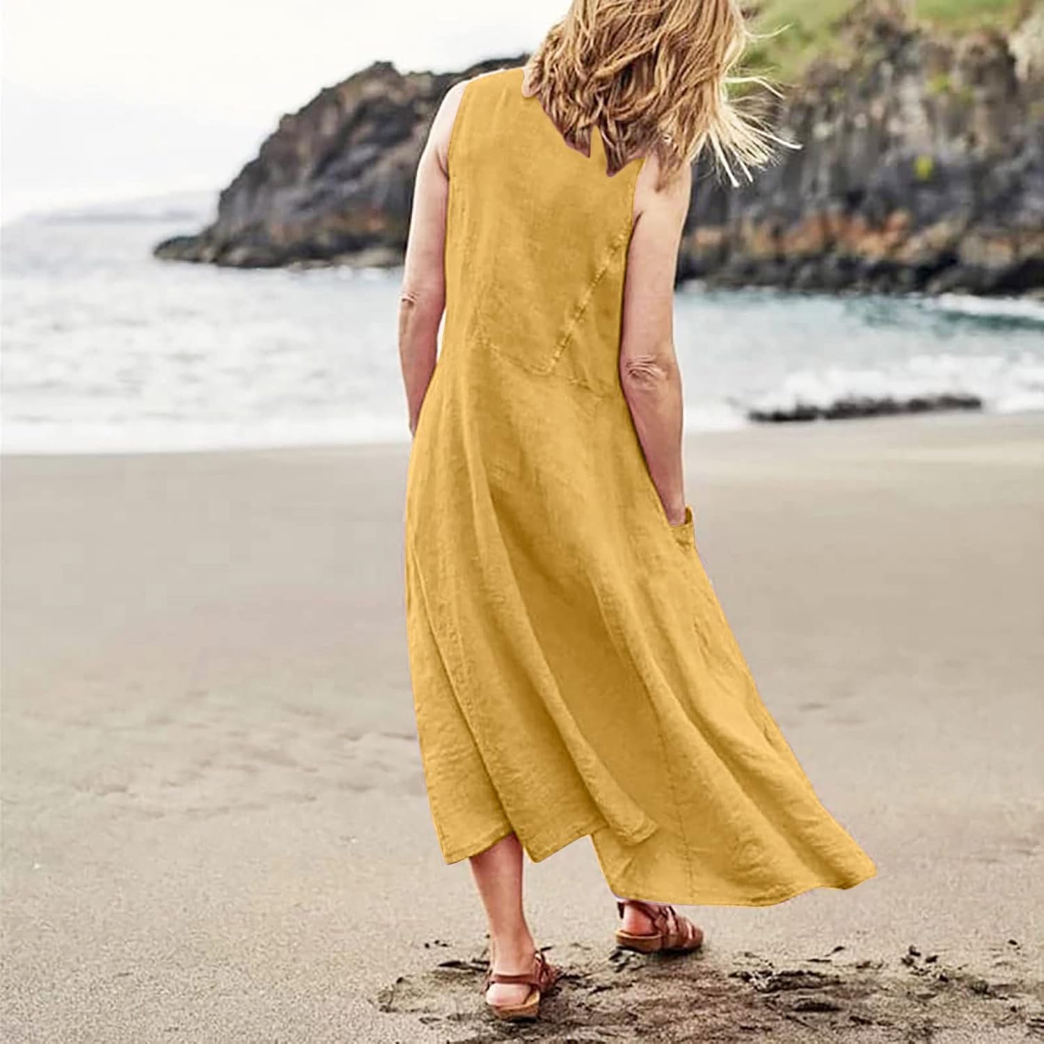 Women's Casual Sleeveless Dresses, Cotton Linen Pocket Dresses Summer Dresses for Women 2024 Sundresses Beach Dress