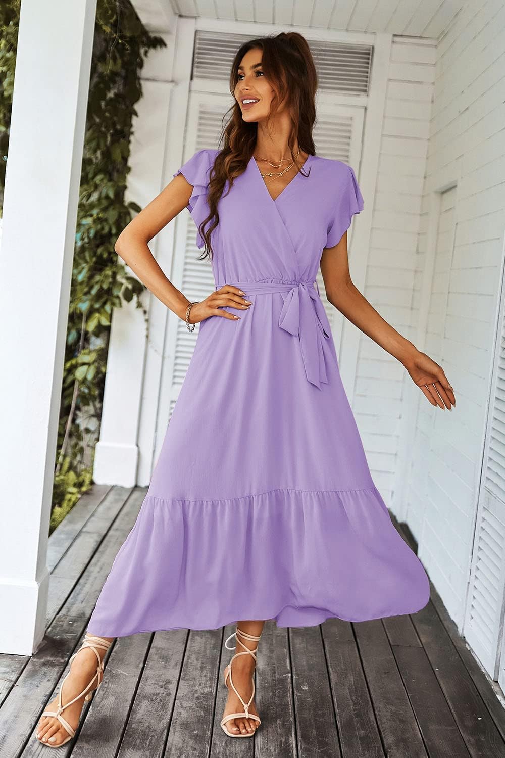 PRETTYGARDEN Women's Summer Floral Boho Dress Wrap V Neck Short Sleeve Ruffle A-Line Flowy Maxi Wedding Guest Dresses
