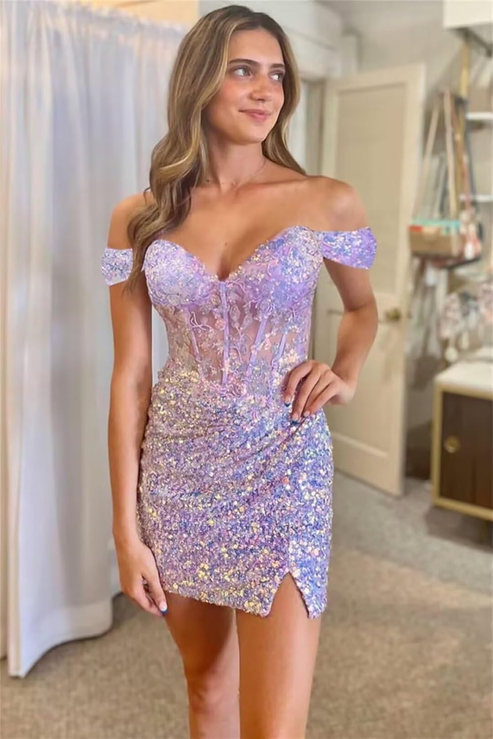 Sparkly Off Shoulder Sequin Homecoming Dresses 2025 Short Tight Mermaid Cocktail Dress Teens HOCO Corset Gowns