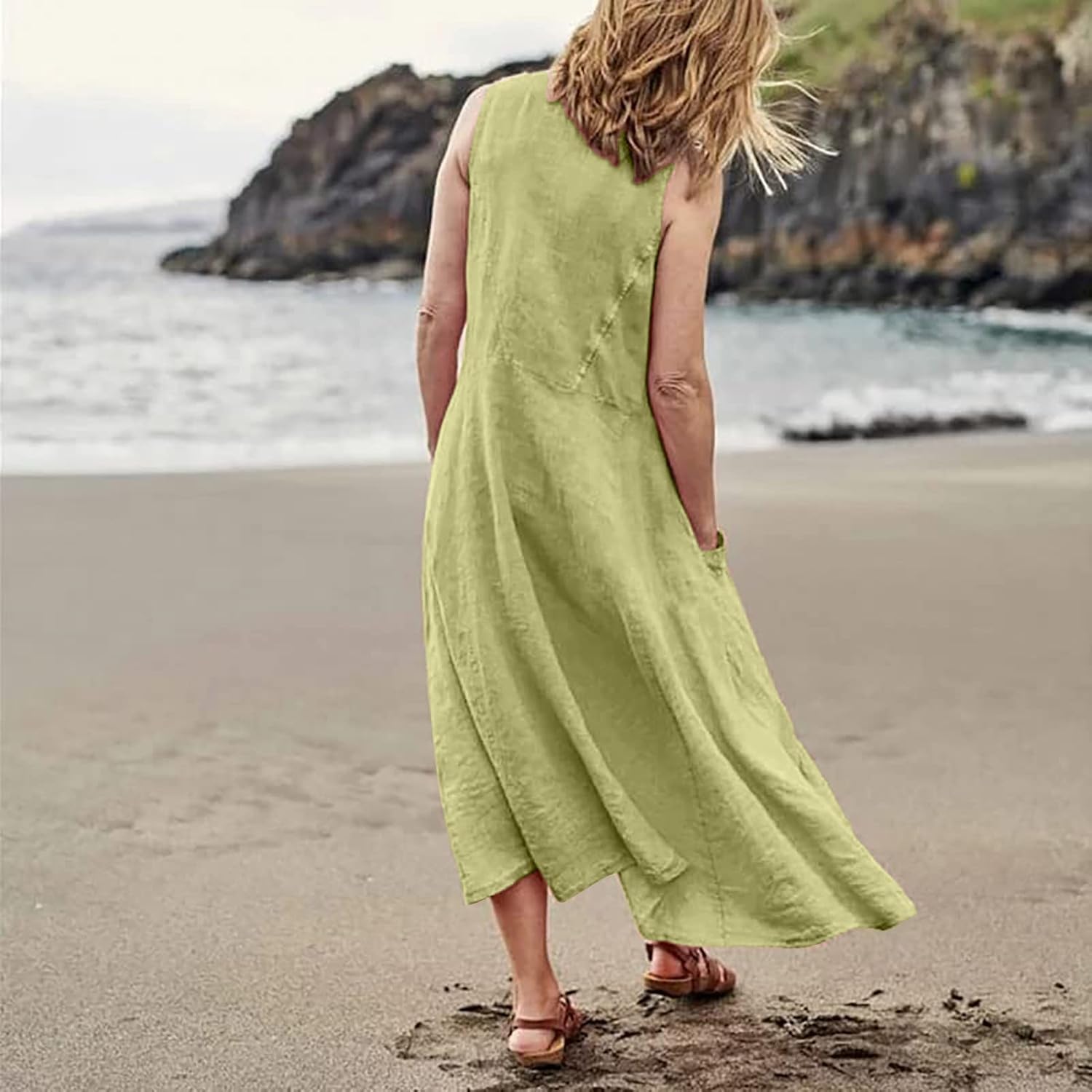 Women's Casual Sleeveless Dresses, Cotton Linen Pocket Dresses Summer Dresses for Women 2024 Sundresses Beach Dress