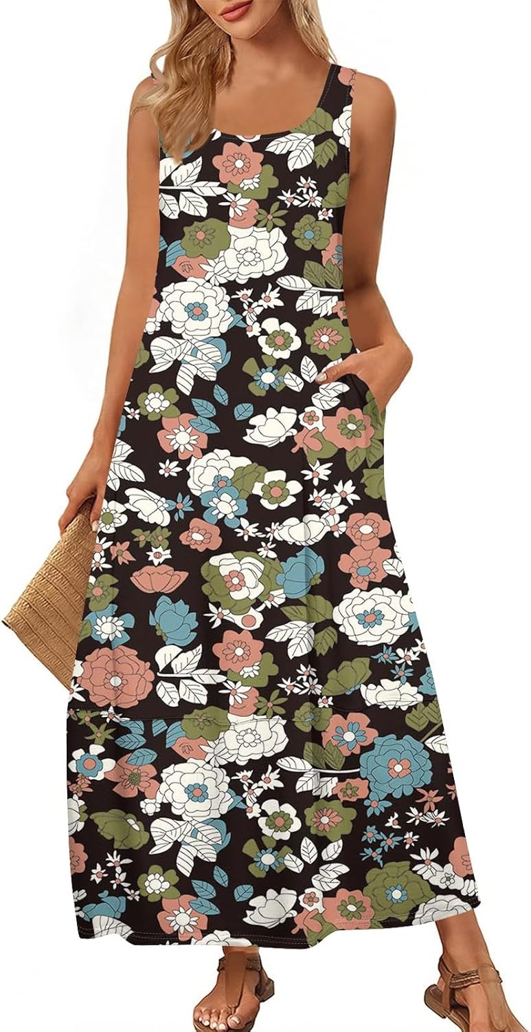 Womens Summer Tank Dress Vacation Boho Floral Long Dresses with Pockets Resort Wear Swing Beach Sleeveless Sundress