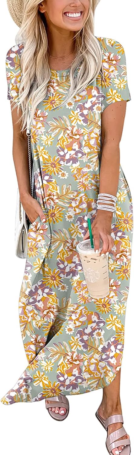 ANRABESS Women's Summer Casual Loose Short Sleeve Long T Shirt Dress Split Maxi Beach Sundress Travel Vacation Outfits