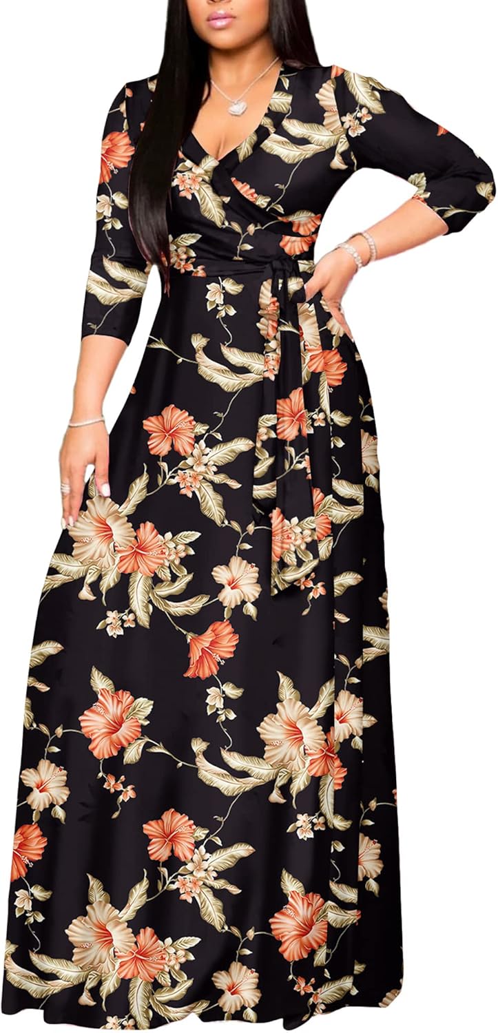 FANDEE Plus Size Maxi Dress for Women Casual Summer Sundress V-Neck 3/4 Sleeve