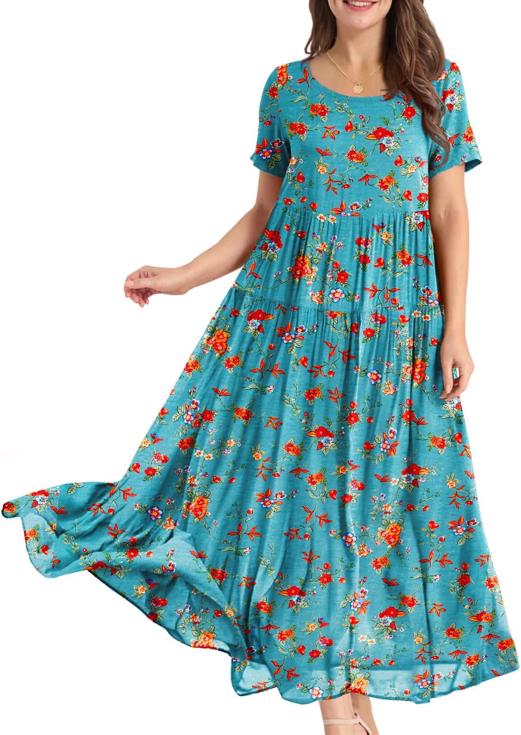 YESNO Women Casual Loose Bohemian Floral Dress with Pockets Short Sleeve Long Maxi Summer Beach Swing Dress EJF