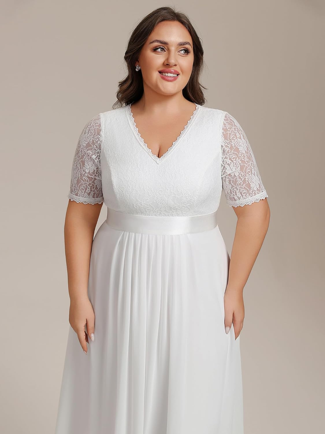 Ever-Pretty Women's V Neck Pleated A Line Lace Chiffon Half Sleeves Midi Plus Size Cocktail Wedding Guest Dresses