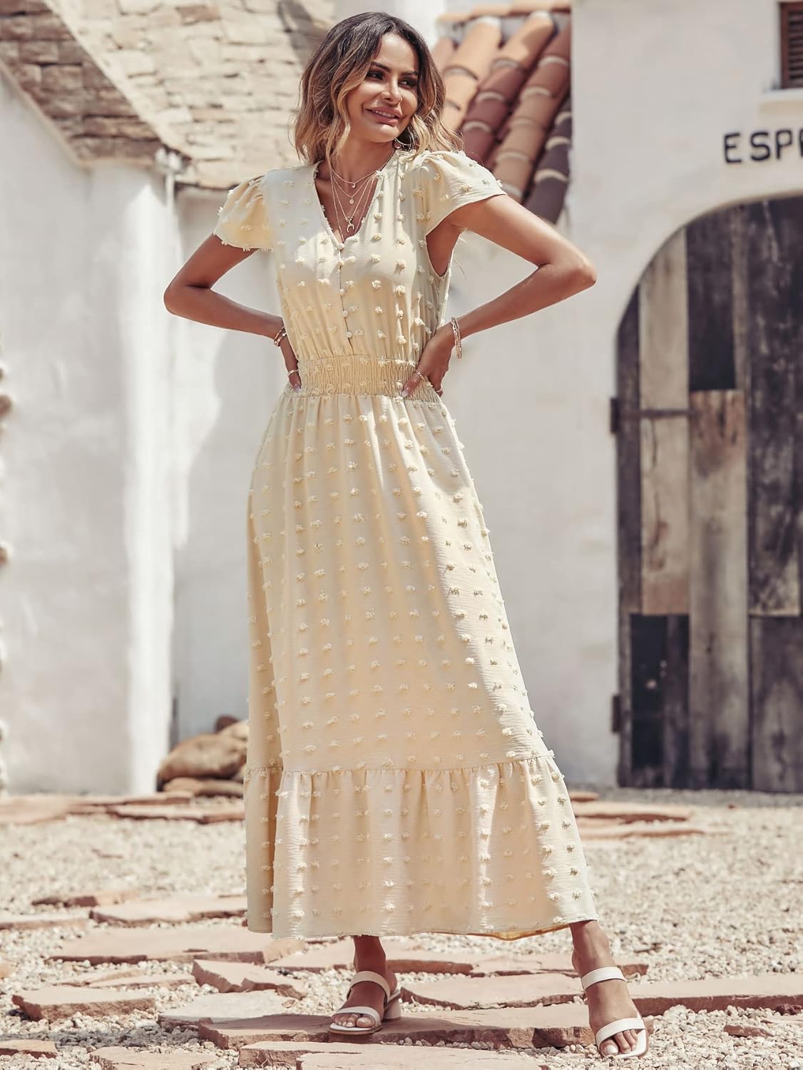 PRETTYGARDEN Womens Dresses 2025 Summer Maxi Dress Boho Short Sleeve V Neck Swiss Dot Ruffle Tiered Smocked Flowy Long Dress